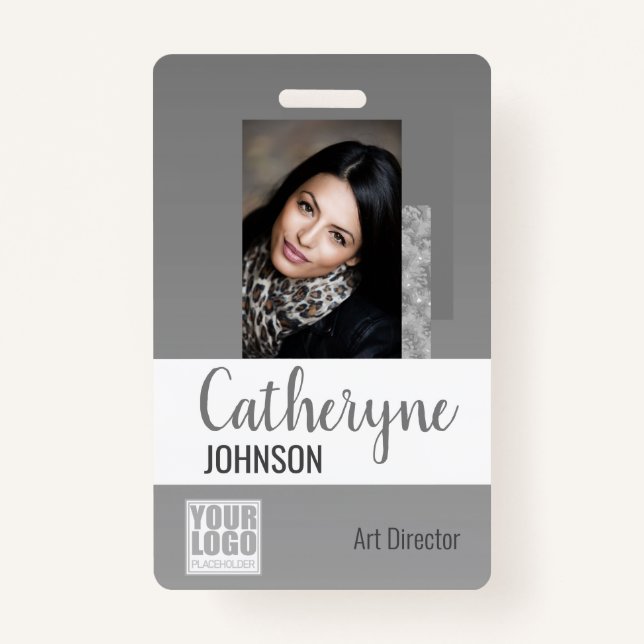 Grey Grey Ombre Logo Barcode ID Photo Template Badge (Front)