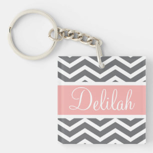 Grey Grey Peach Chevron Custom Name Keychain