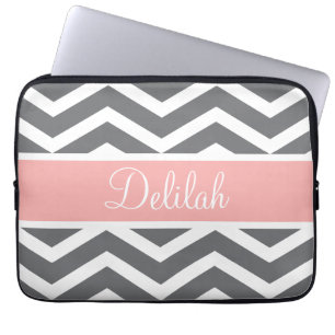 Grey Grey Peach Chevron Custom Name Laptop Sleeve