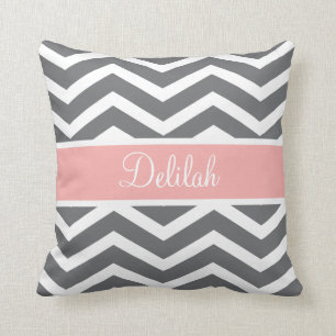 Grey Grey Peach Chevron Custom Name Throw Pillow