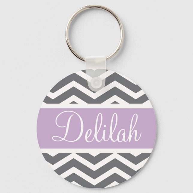 Grey Grey Purple Chevron Custom Name Keychain (Front)