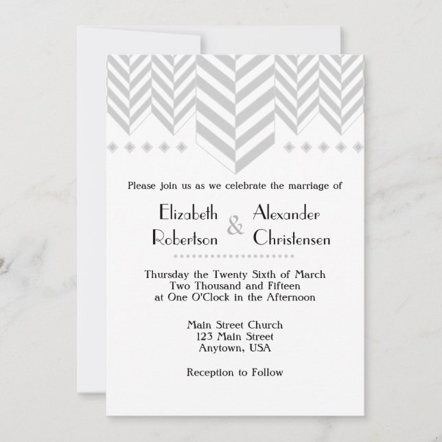Grey Grey White Herringbone Wedding Invitation (Front)