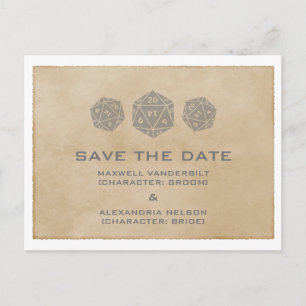 Grey Grunge D20 Dice Gamer Save the Date Postcard