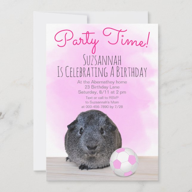 Grey Guinea Pig Girly Pink Soccer Ball Custom  Invitation (Front)