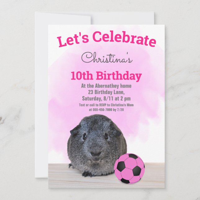 Grey Guinea Pig Girly Pink Soccer Ball Custom Invitation (Front)