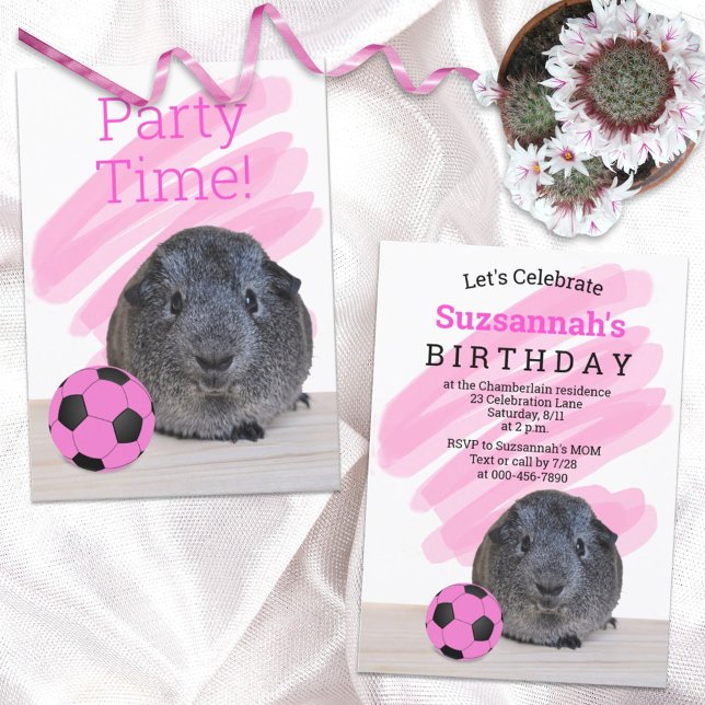Grey Guinea Pig Girly Pink Soccer Ball Custom Invitation (Creator Uploaded)