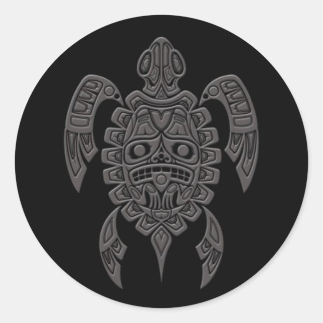 Grey Haida Spirit Sea Turtle on Black Classic Round Sticker (Front)