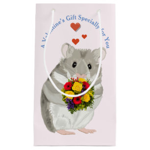 Grey Hamster with a bouquet editable Valentine’s Small Gift Bag