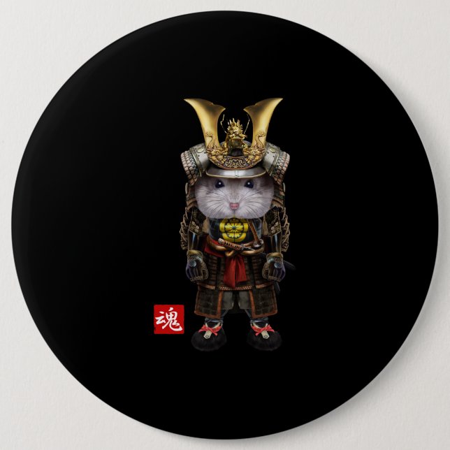 Grey  Hamster With Japanese Samurai 6 Inch Round Button (Front)
