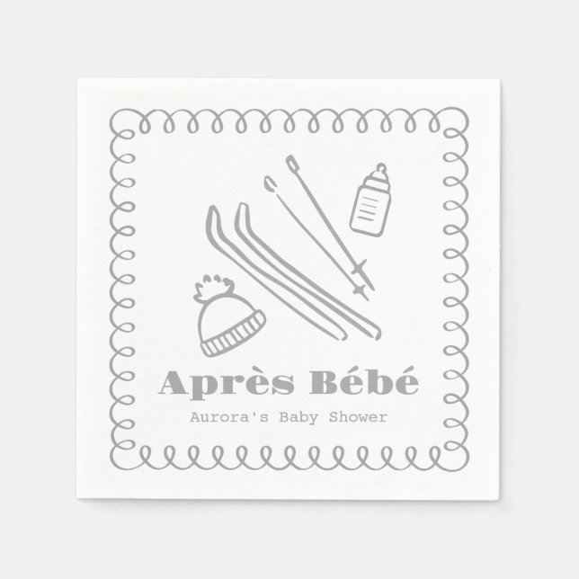 Grey Hand-Drawn Après Bébé Baby Shower Napkin (Front)