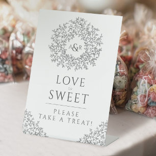 Grey hand drawn leaf monogram sweet wedding pedestal sign