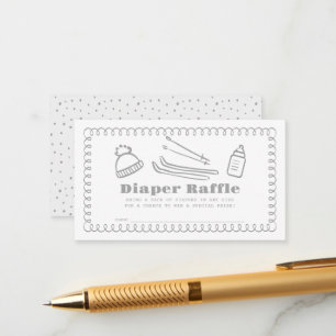 Grey Hand-Drawn Ski Baby Diaper Raffle Ticket Enclosure Card
