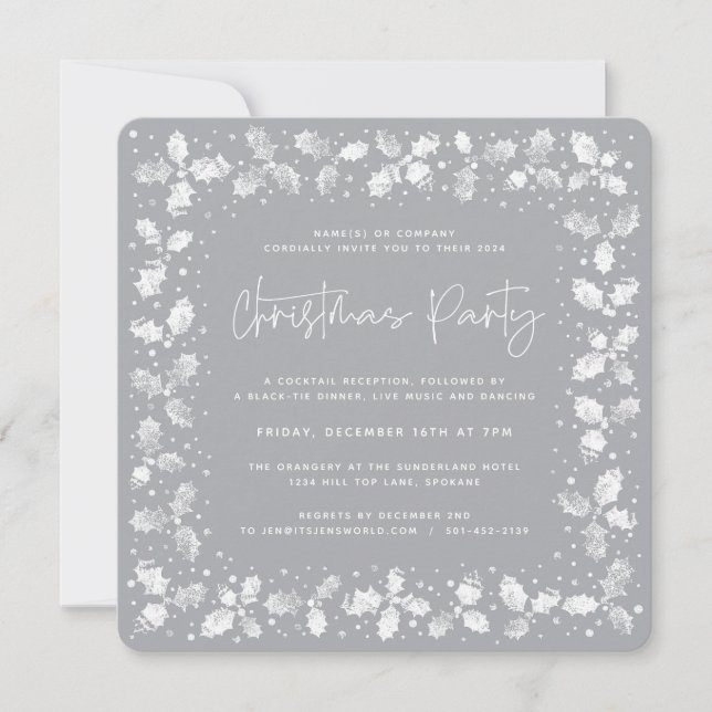 Grey Hand Printed Holly+Berries Christmas Party Invitation (Front)