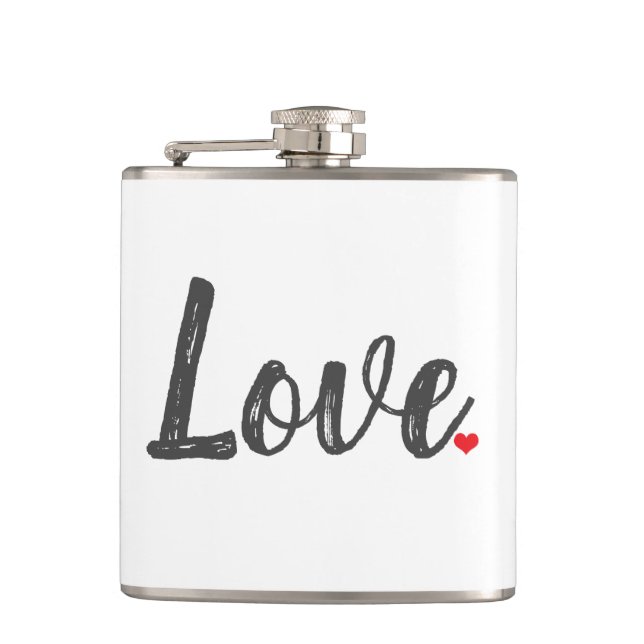 grey handwritten LOVE + red HEART | Hip Flask (Front)
