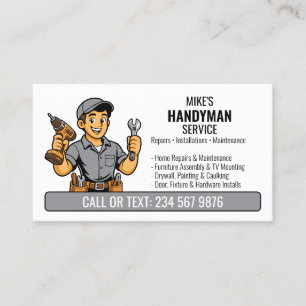 Grey Handyman Cartoon Man Tool QR Home Repair Business Card