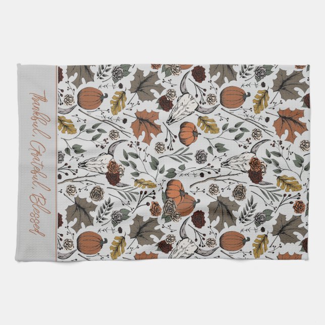 Grey Harvest and Horns Thankful Grateful Blessed Kitchen Towel (Horizontal)