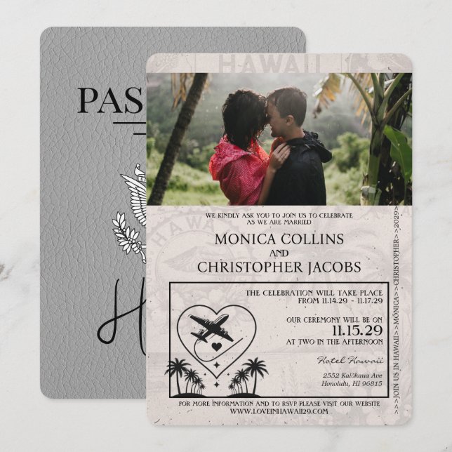 Grey Hawaii Passport Wedding Invitation (Front/Back)