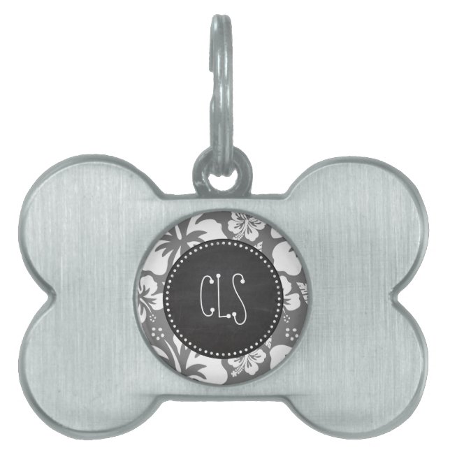 Grey Hawaiian Tropical Hibiscus; Retro Chalkboard Pet Tag (Front)
