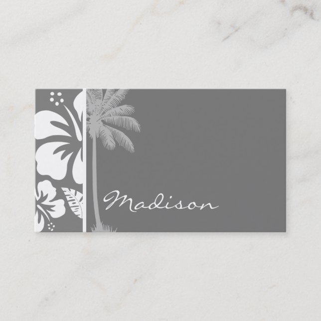 Grey Hawaiian Tropical Hibiscus; Summer Palm Business Card (Front)
