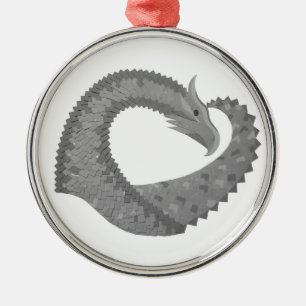 Grey heart dragon on white metal ornament