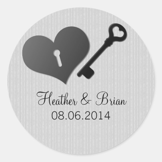 Grey Heart Lock and Key Wedding Stickers (Front)