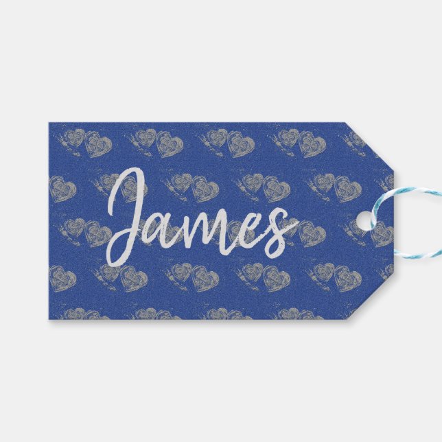Grey Hearts, Blue Jean Look, Personalized Gift Tag (Front (Horizontal))