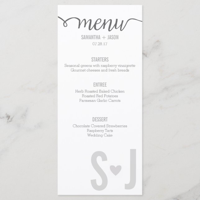 Grey Hearts & Chevron Bold Lettres Menu Mariage (Devant)