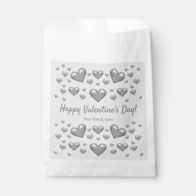 Grey Hearts Happy Valentine's Day & Custom Text Favour Bag (Front)