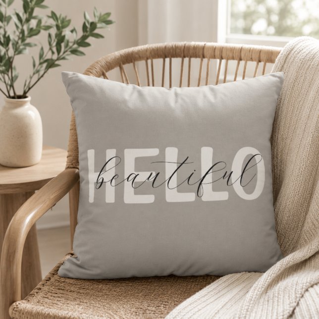 Grey "Hello Beautiful" Personalized Throw Pillow (Creator Uploaded)