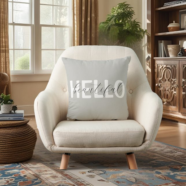 Grey "Hello Beautiful" Personalized Throw Pillow (Creator Uploaded)
