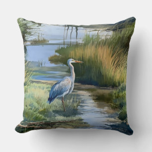 Grey Heron in a Creek Throw Pillow