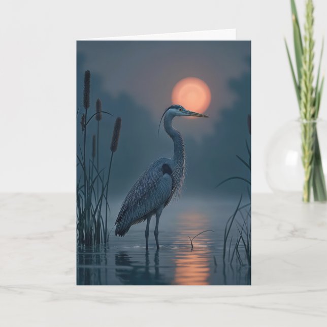 Grey Heron With Pink Moon Thinking of You Card (Front)