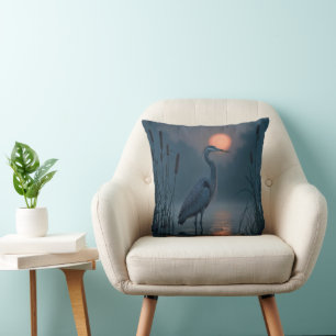 Grey Heron With Pink Moon Throw Pillow
