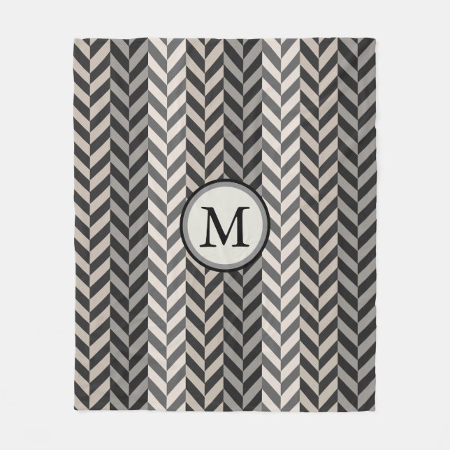 Grey Herringbone Alternating Stripes Monogram Fleece Blanket (Front)