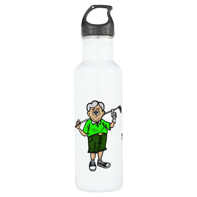 Grey Hiar Male Golfer Personalized Water Bottle (Front)