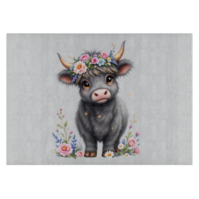 Grey Highland Cow With Florals Cutting Board (Front)