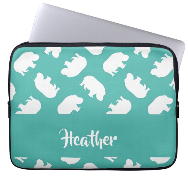 Grey hippo silhouette on teal laptop sleeve (Front)