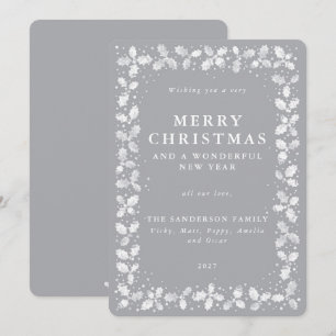 Grey Holly + Berry Border Flat Non Photo Christmas Holiday Card