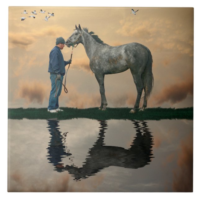 Grey Horse And Groom  OTTB Ceramic Tile (Front)
