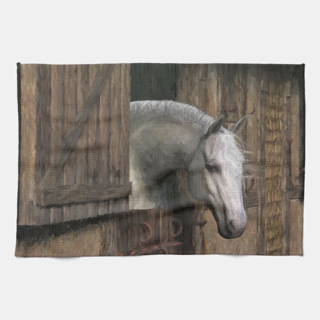 Grey Horse at the Stable Door Kitchen Towel (Horizontal)