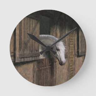 Grey Horse at the Stable Door Round Clock