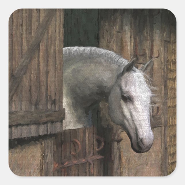 Grey Horse at the Stable Door Square Sticker (Front)
