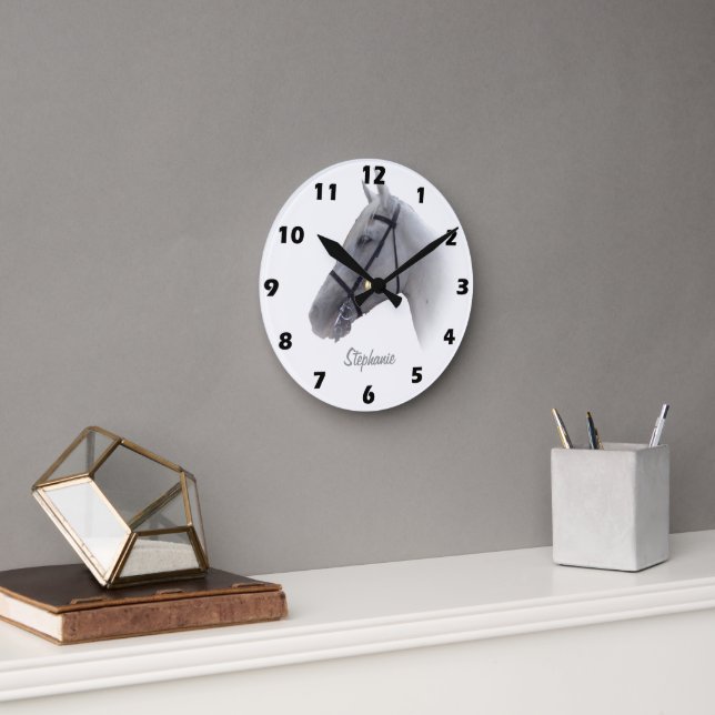 Grey Horse Design Personalised Round Clock (Office)