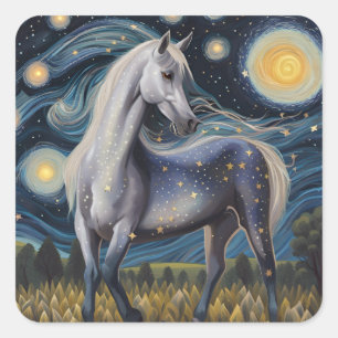 Grey Horse in a Starry Night Square Sticker