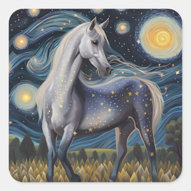 Grey Horse in a Starry Night Square Sticker (Front)