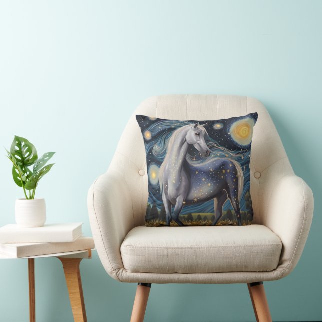 Grey Horse in a Starry Night Throw Pillow (Chair)