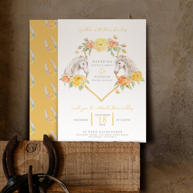 Grey horses and yellow roses monogrammed wedding invitation (Creator Uploaded)