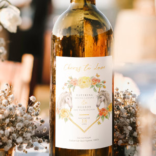 Grey horses and yellow roses monogrammed wedding wine label