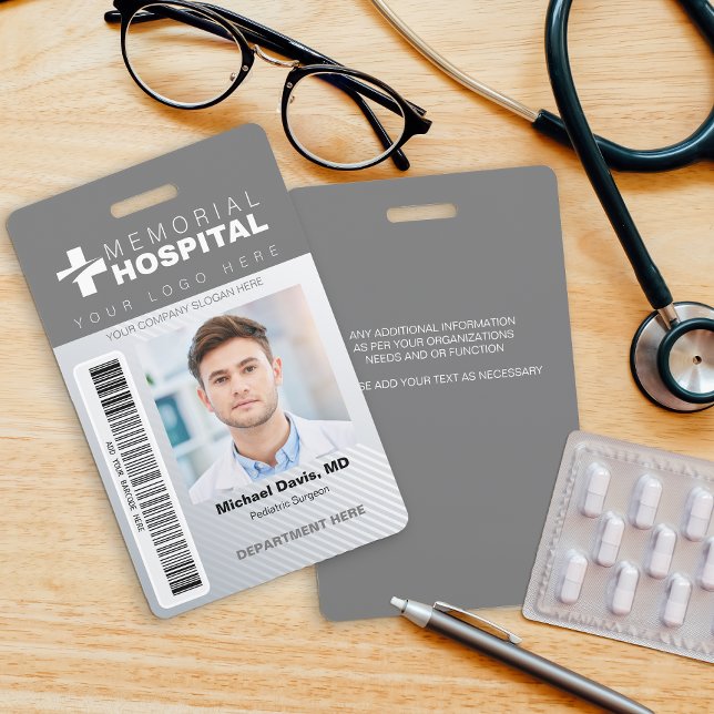 Grey Hospital ID Badge with Photo & Barcode (Creator Uploaded)
