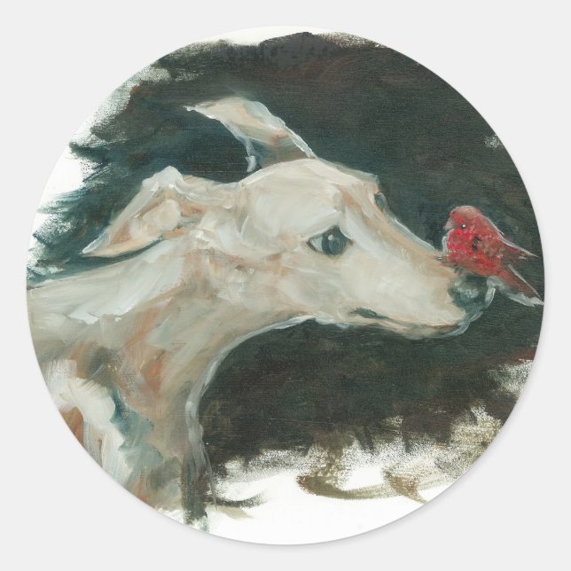 grey hound and finch painting! classic round sticker (Front)